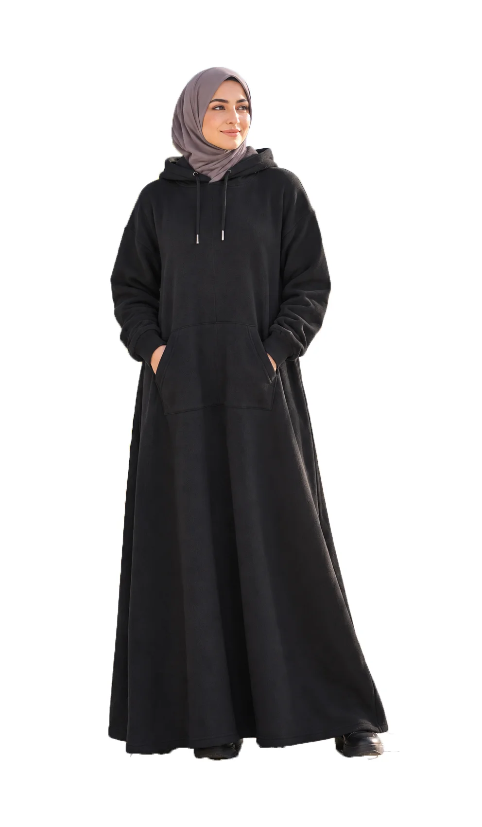 Thick Fleece Hooded A-Line Abaya with Chines Style Pockets by Q&S Islamic Store