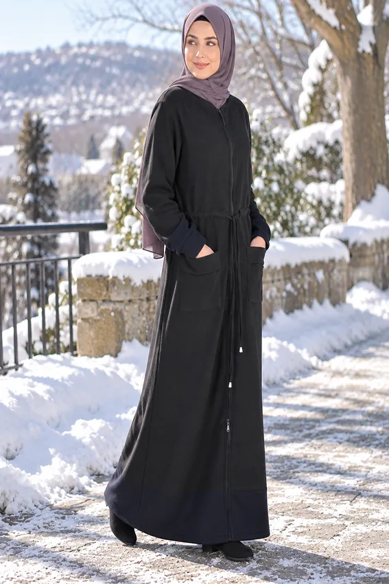 Thick Fleece Hoodie Abaya with Chinese Style Pockets by Q&S Islamic Store