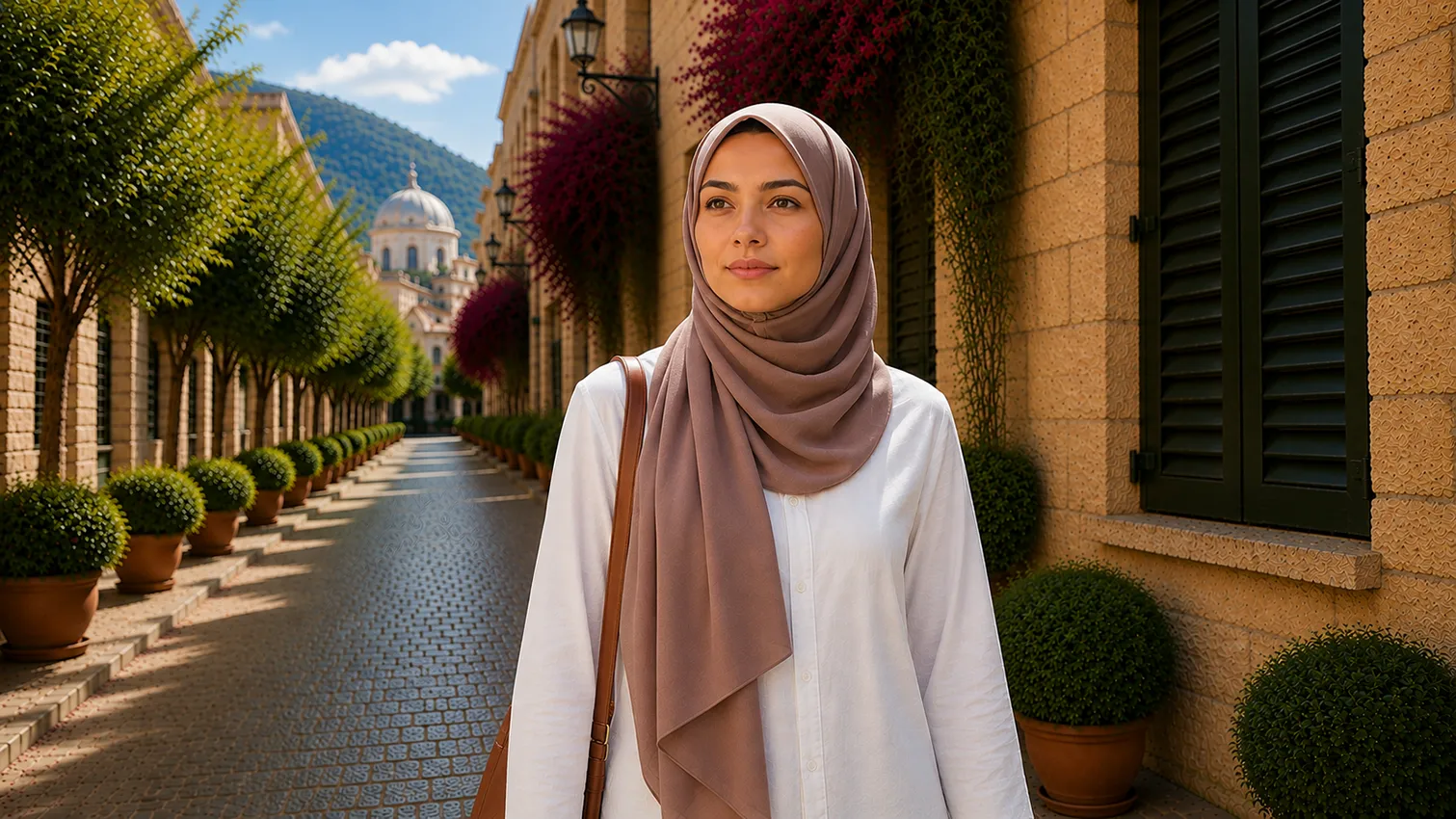 A woman wearing a viscose scarf by Q&S Islamic Store.