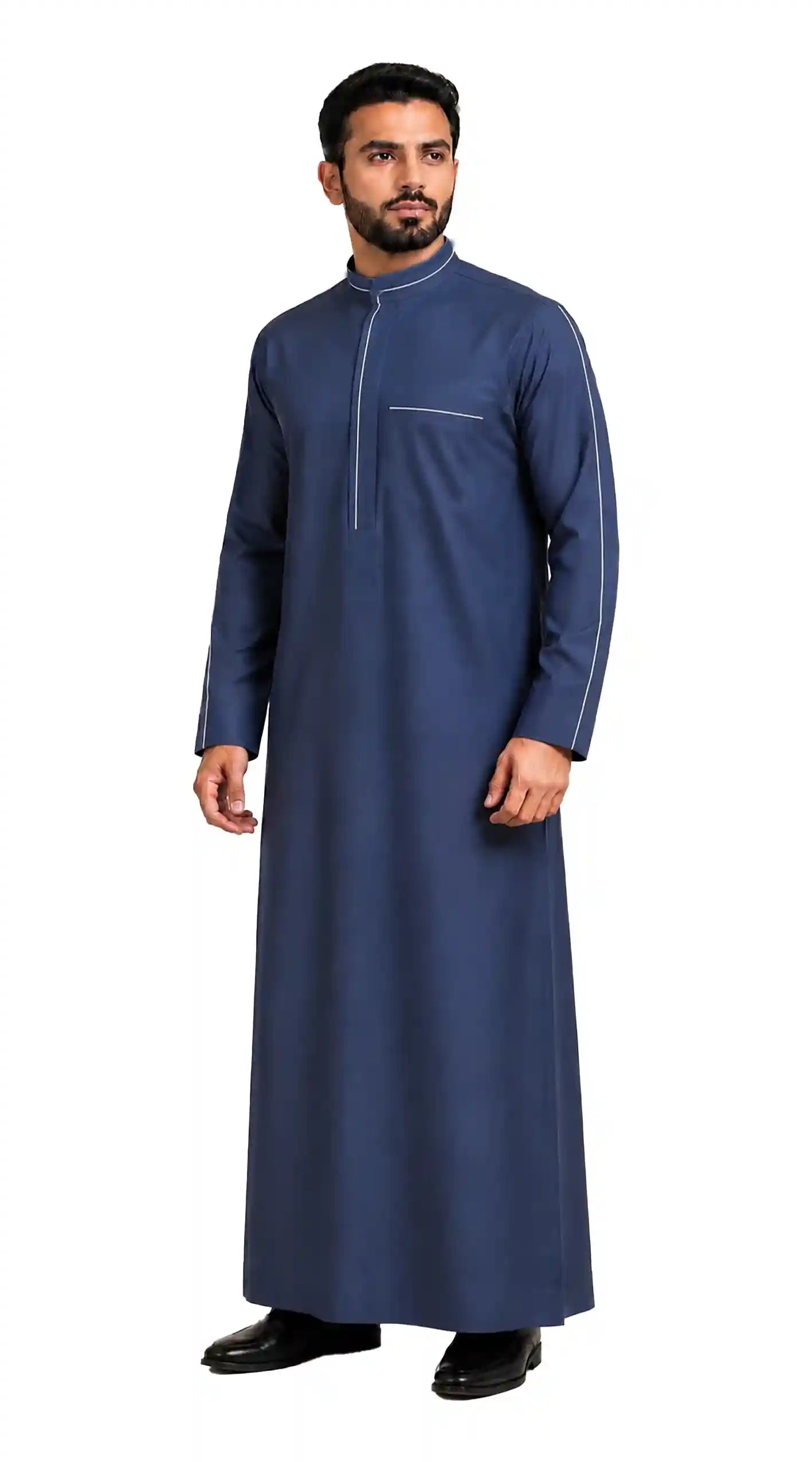 Premium men's grey thobe with white trim by Q&S Islamic Store