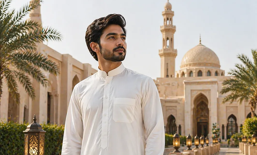 A man wearing a white thobe by Q&S Islamic Store in a mosque courtyard in the Middle East.