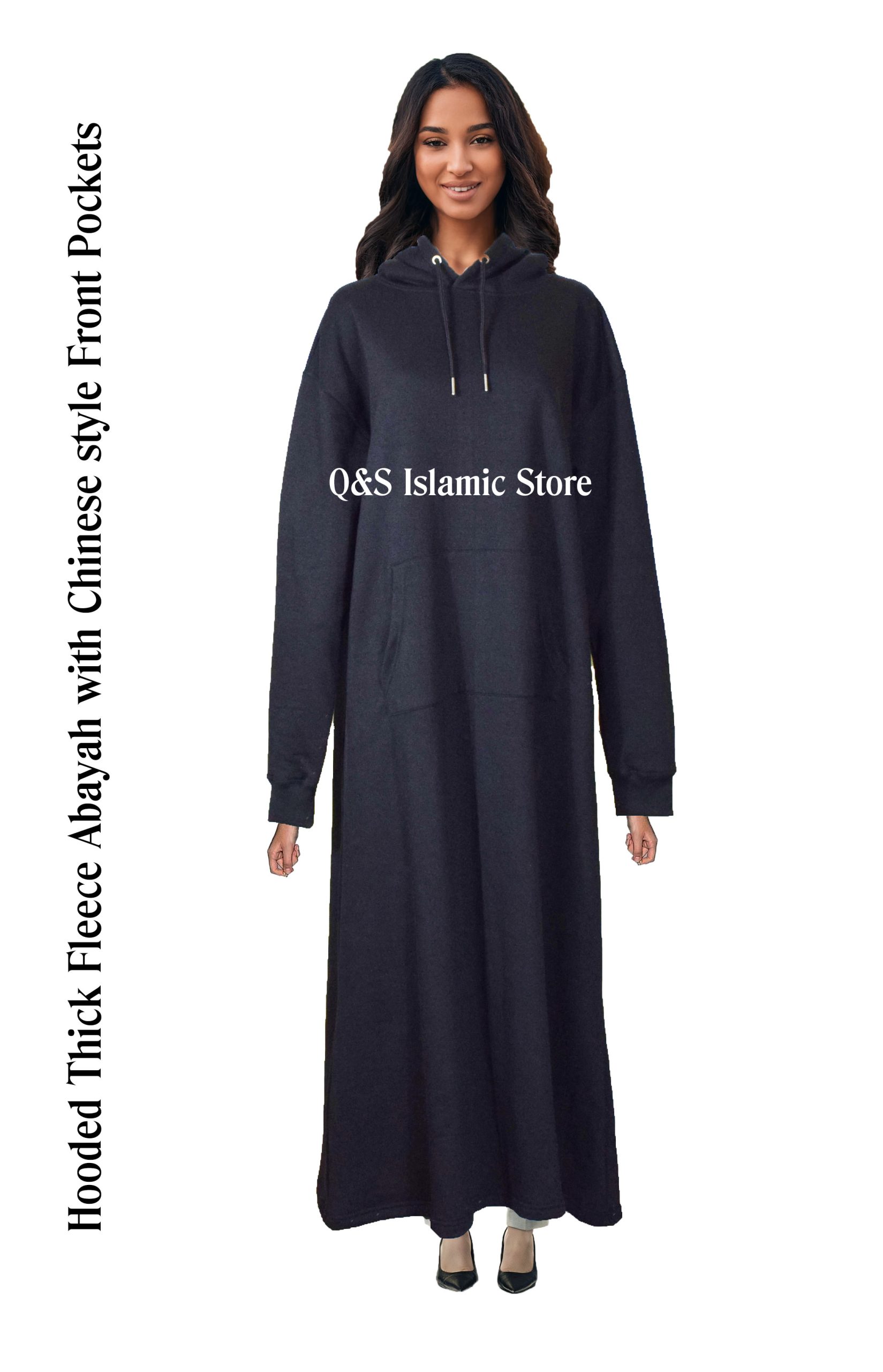 Hooded Fleece Abaya with Chinese-Style Front Pocket by Q&S Islamic Store